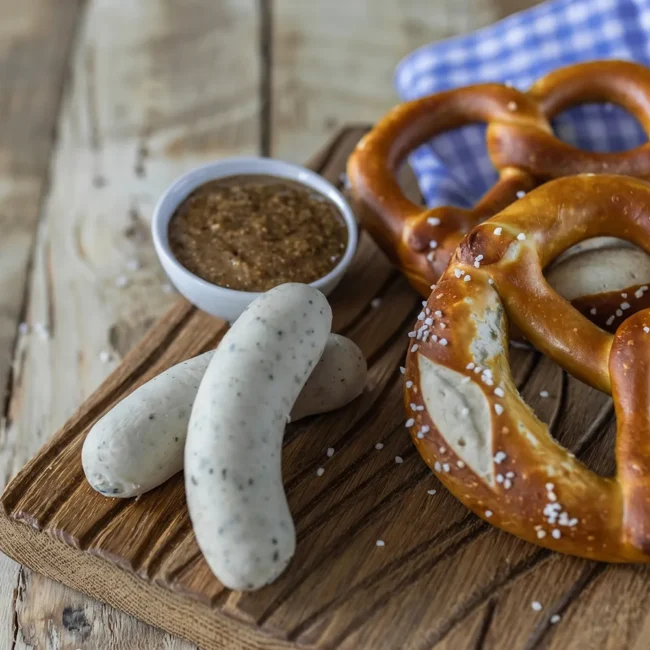 Schmankerl an dem Lindenberger Oktoberfest - Weißwürste mit Brezel
